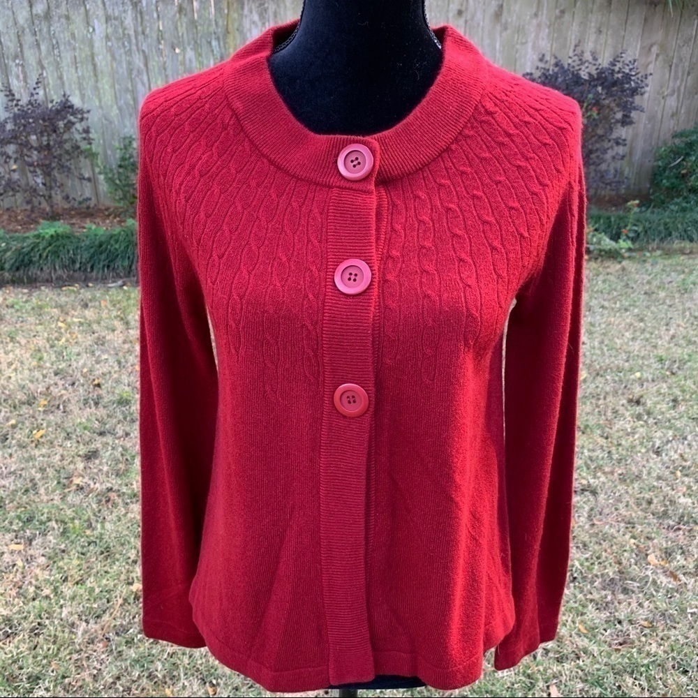 LAURA MICHELLE Red Cardigan Sweater Round Neck Cable Knit Fitted - Picture 1 of 9